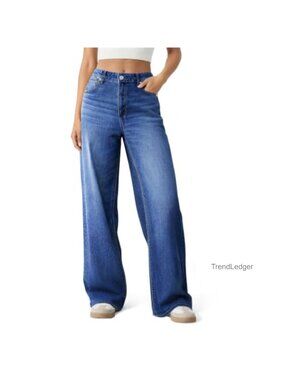 High Waisted Wide Leg Baggy Jeans YKK Zip 5-Pocket Stretch Denim Pants
